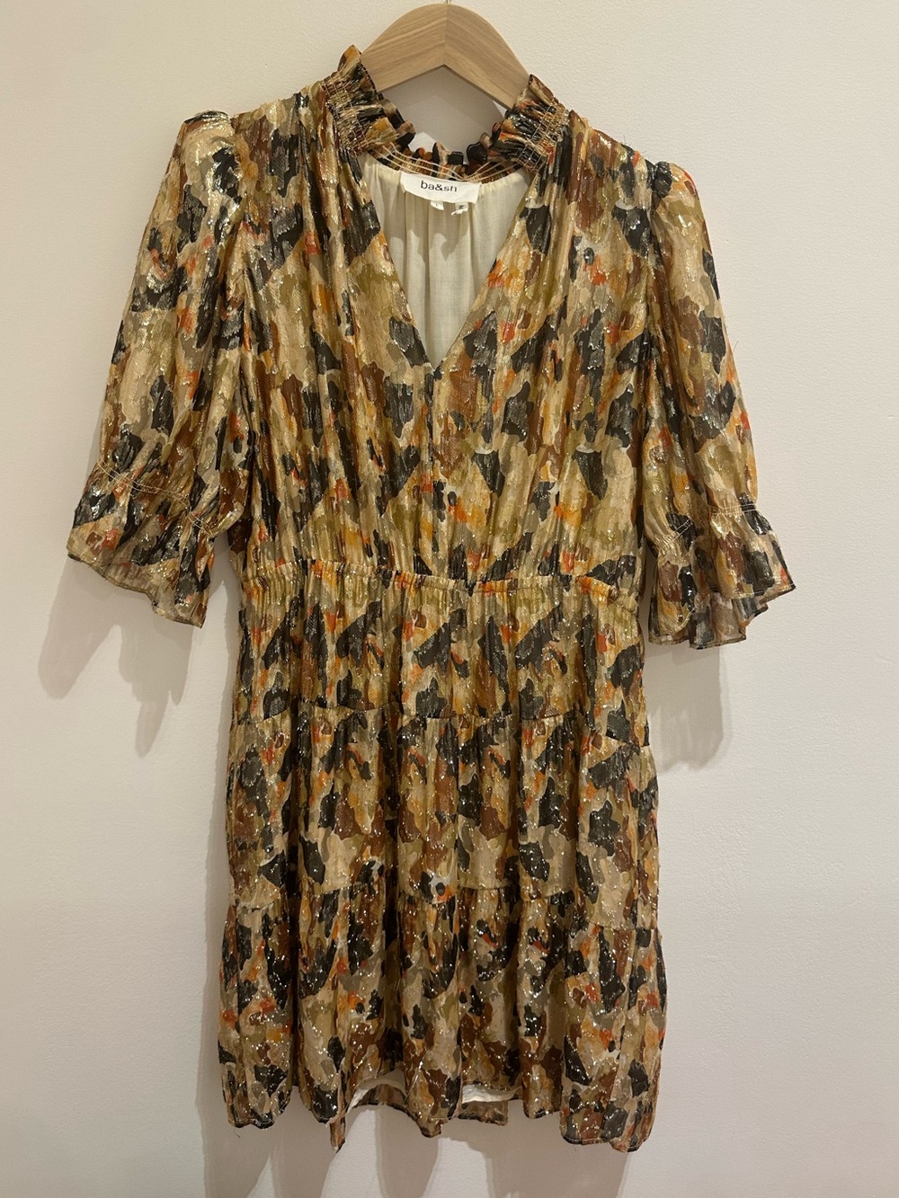 ba&sh Gold and Brown Abstract V-Neck Mini Dress